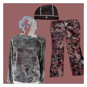 Lululemon Beanie + Velvet Tie-Dye Crewneck & Floral Leggings Set - Multi Colors